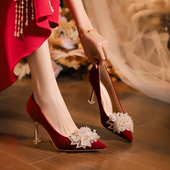 女红色中式 敬酒服结婚新娘鞋 2025新款 秀禾婚鞋 高级感不累脚高跟鞋