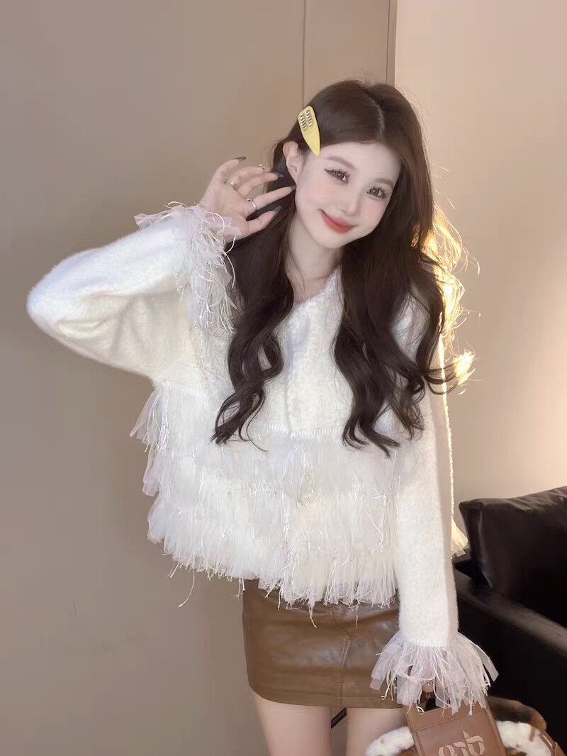 小香风千金名媛流苏软糯毛衣女秋冬法式气质针织开衫外套毛毛上衣