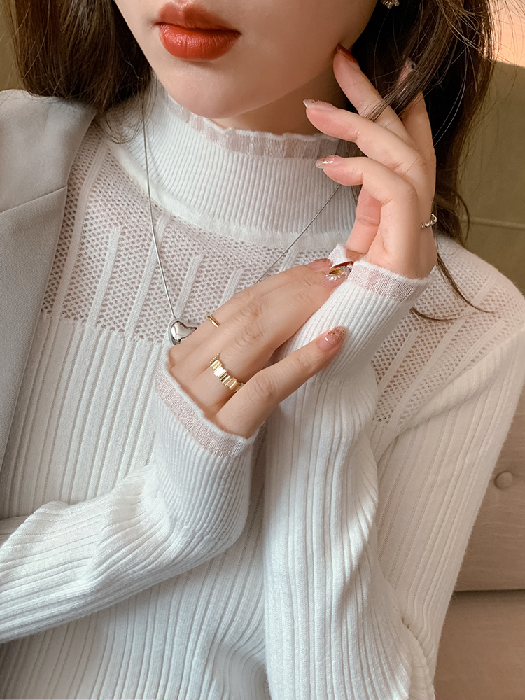 半高領(lǐng)蕾絲針織衫女秋季新款長袖毛衣秋冬季內(nèi)搭打底衫高級感上衣