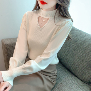加绒加厚钉珠毛衣女秋冬2023新款时尚挂脖针织衫一体绒打底衫上衣