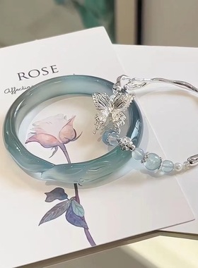 新中式清冷蓝色蝴蝶仿古手镯中古风个性气质小众设计百搭手链女