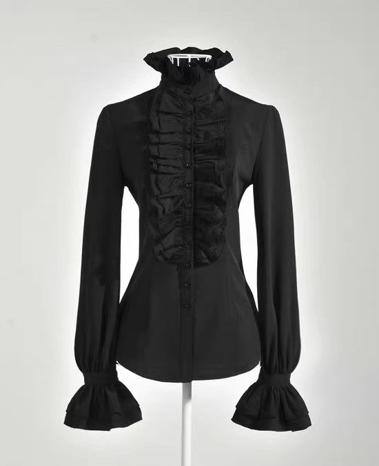 2025春装新款黑色衬衫女长袖洋气荷叶边宫廷风女士上衣修身衬衣女