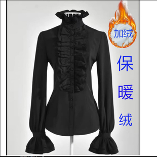 荷叶边宫廷风上衣修身 女保暖打底衫 衬衣 黑色加绒衬衫 2025秋冬新款