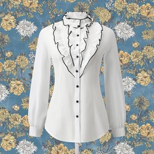 2025春秋季新款长袖白衬衫女修身洋气法式上衣荷叶边白色衬衣外传