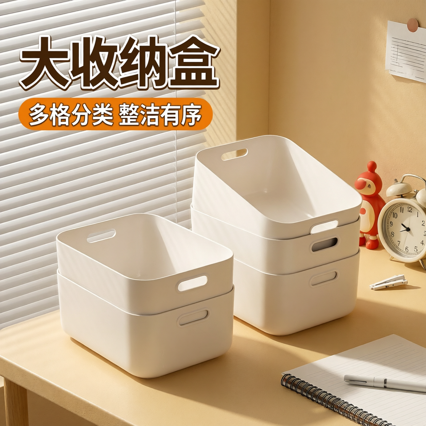 奶油风长方形塑料桌面收纳盒