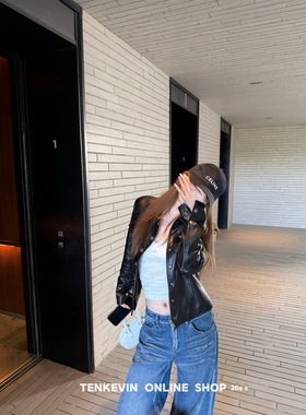 十一石 精致主义 正肩收腰翻领PU皮衣外套女小个子短款显瘦夹克II