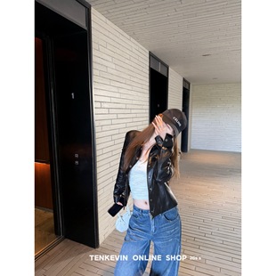 十一石 精致主义 正肩收腰翻领PU皮衣外套女小个子短款显瘦夹克II