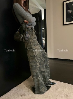 十一石宝藏迷彩美式口袋工装裤女小个子低腰宽松直筒阔腿休闲裤ll
