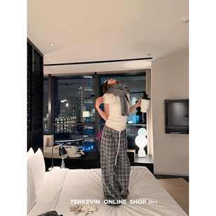 十一石 松弛time!格子撞色抽绳阔腿休闲裤女宽松显瘦毛呢直筒裤II