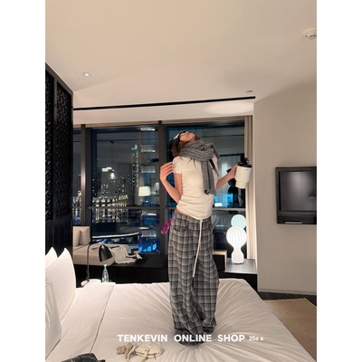 毛呢格纹撞色抽绳阔腿休闲裤