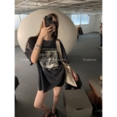 t恤女夏宽松纯棉小个子上衣ll 圆领短袖 十一石 做旧印花男友风美式