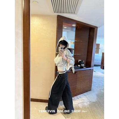 复古原色抽绳明线廓形宽松牛仔裤