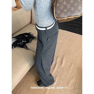 女宽松显瘦直筒弯刀裤 毛呢压褶阔腿休闲裤 秋冬II 质感封神 十一石