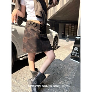 十一石 美拉德复古工装迷彩a字短裙女明线口袋低腰半身裙休闲百搭