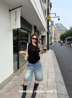 十一石 夏日懒懒衫 可斜肩薄款宽松短袖T恤女小个子卷边套头上衣