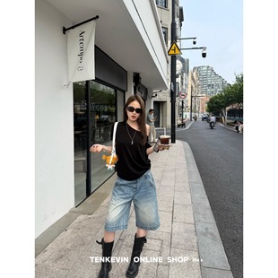 十一石 夏日懒懒衫 可斜肩薄款宽松短袖T恤女小个子卷边套头上衣
