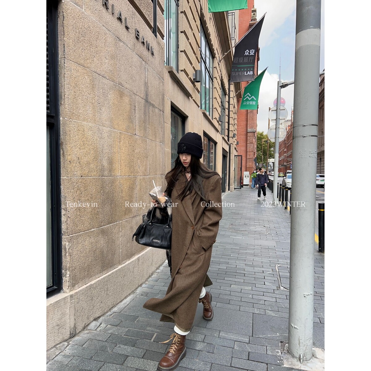 十一石 北岛冬日 咖色长款毛呢西装外套女小个子宽松显瘦羊毛大衣