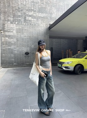 十一石 长腿担当！复古低腰微喇牛仔裤女小个子宽松直筒阔腿裤ll