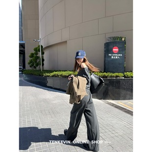 休闲套装 十一石 宽松显瘦斜肩卫衣女抽绳直筒阔腿裤 grey all