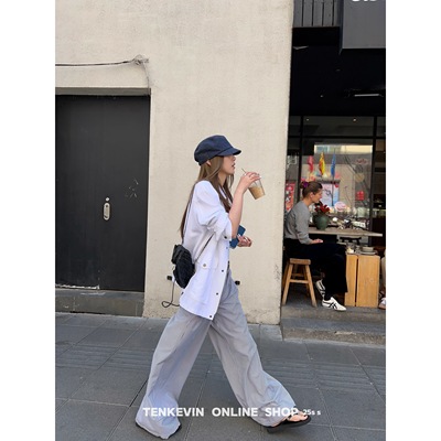 轻薄松弛感条纹拼接阔腿休闲裤