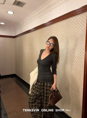 十一石 内搭刚需 正肩v领辣妹针织打底衫女小个子修身显瘦上衣ll