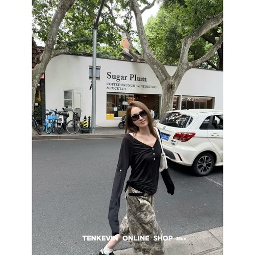 十一石 店主私服 莱赛尔V领防晒长袖T恤女小个子微透薄款套头上衣