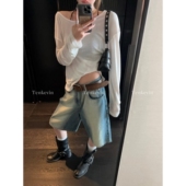 中裤 女夏宽松阔腿五分裤 高街痞酷廓形复古直筒牛仔短裤 十一石