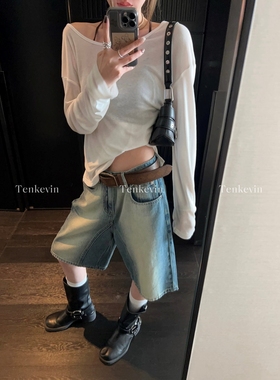 十一石 高街痞酷廓形复古直筒牛仔短裤女夏宽松阔腿五分裤中裤ll