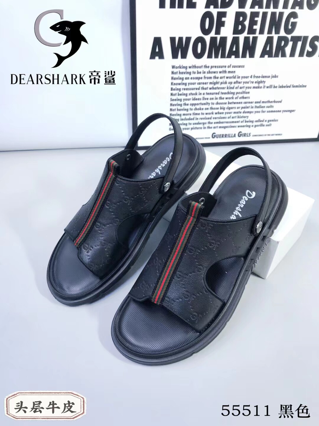 万宝鲨鱼专柜正品男式夏季真皮软底按摩底防滑真皮商务韩版凉拖鞋