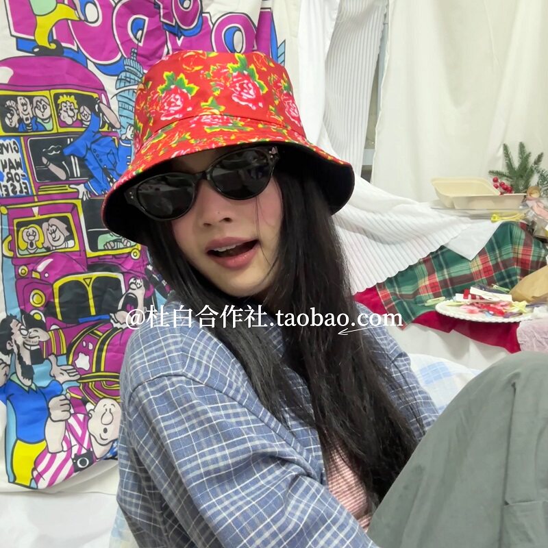 中国风东北大花布帽子男女士春夏季防晒遮阳帽两面可戴渔夫帽盆帽