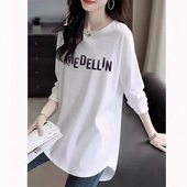 白色纯棉圆领长袖 开叉上衣 中长款 T恤女2026新款 宽松设计感打底衫