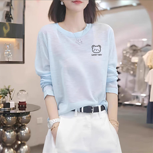 2025春秋竹节纯棉长袖t恤女小众减龄印花宽松显瘦打底衫女装上衣