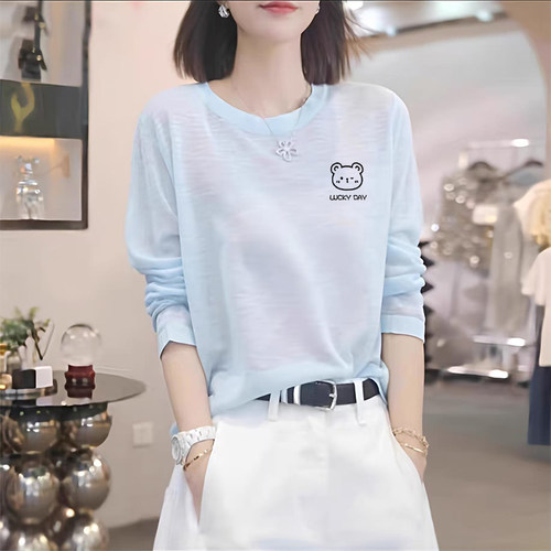 2025春秋竹节纯棉长袖t恤女小众减龄印花宽松显瘦打底衫女装上衣