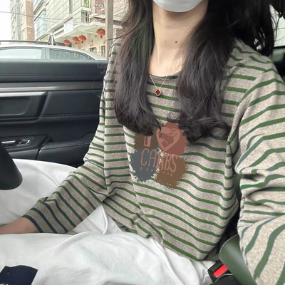 秋冬新款德绒保暖长袖t恤女撞色条纹宽松显瘦时尚洋气打底衫上衣