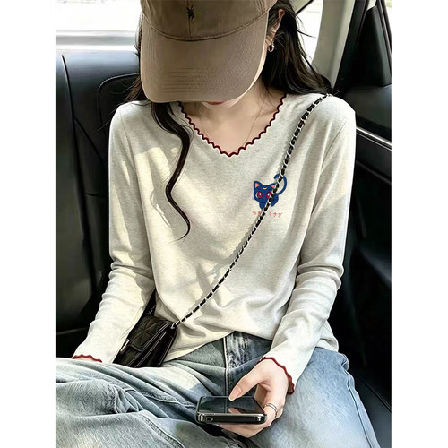 秋季新款撞色拼接V领长袖t恤女洋气休闲修身显瘦木耳边打底衫上衣