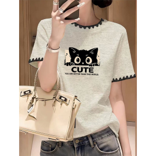 t恤2026正肩减龄百搭修身 拼接圆领短袖 显瘦字母印花上衣 新款 夏季