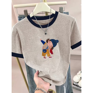 设计感打底衫 夏季 上衣 百搭修身 t恤女士时尚 新款 撞色圆领正肩短袖