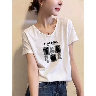 新款 纯棉女装 竹节棉v领短袖 洋气休闲印花大码 上衣 t恤韩版 2026夏季