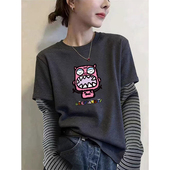 圆领撞色拼接长袖 上衣 设计感打底衫 t恤女2026新款 假两件宽松大码