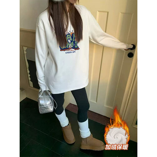 女秋冬新款 长袖 减龄宽松设计感胖mm德绒保暖外套 圆领打底衫 中长款