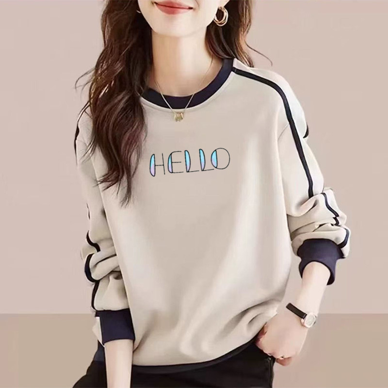 春秋新款圆领女士拼接卫衣加绒加厚潮流时尚百搭大码宽松女装上衣