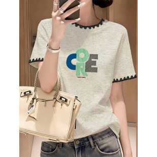 休闲修身 拼接正肩圆领短袖 时尚 新款 显瘦字母印花上衣 t恤2026夏季