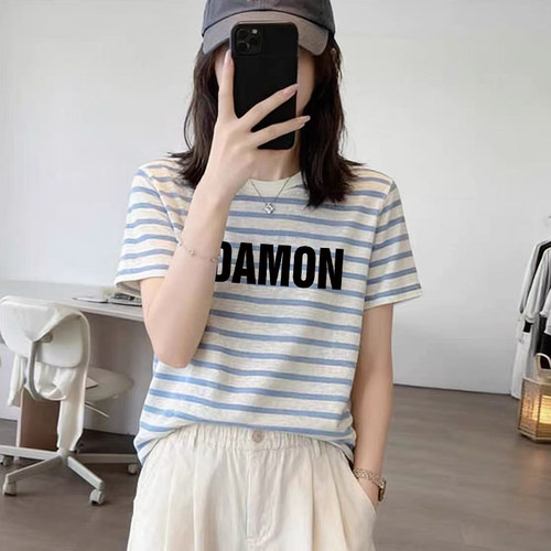 夏季新款撞色条纹设计感圆领短袖t恤女装时尚大码宽松打底衫上衣