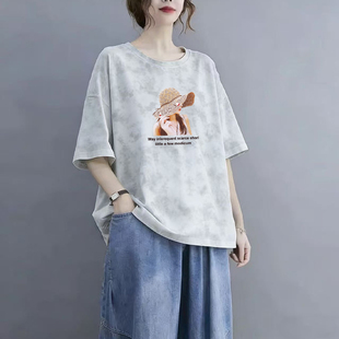 夏季 扎染撞色纯棉圆领短袖 t恤女洋气大码 宽松印花设计感上衣 新款