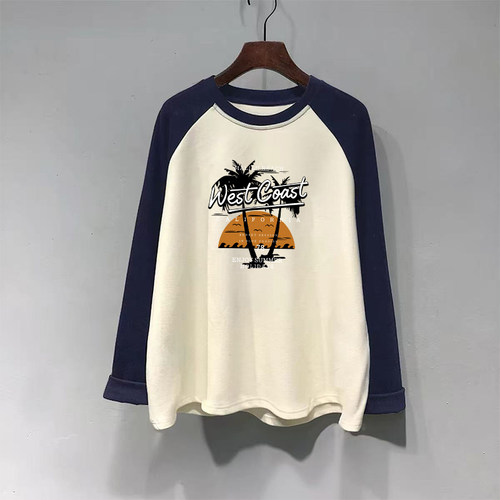 纯棉撞色插肩圆领长袖t恤女秋季新款减龄百搭大码宽松打底衫上衣