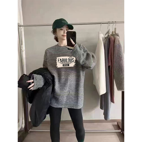 秋季新款撞色条纹中长款圆领长袖t恤洋气大码宽松加厚打底衫上衣