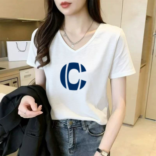 t恤2026夏季 纯棉女装 新款 百搭印花大码 上衣 时尚 小众竹节棉v领短袖