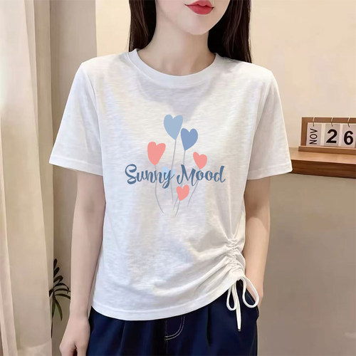 白色抽绳褶皱圆领T恤女装夏季新款时尚百搭大码宽松显瘦薄款上衣