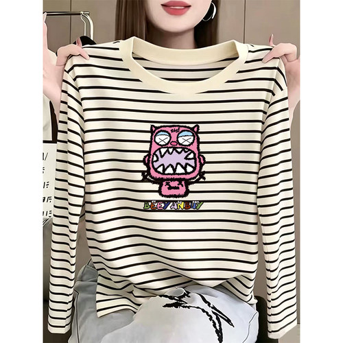 撞色条纹长袖t恤女秋季新款时尚休闲大码宽松纯棉圆领打底衫上衣
