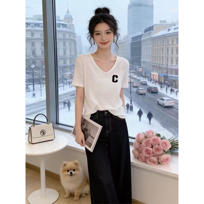 夏季新款V领雪花棉短袖t恤女时尚简约印花宽松胖mm微透体恤衫上衣